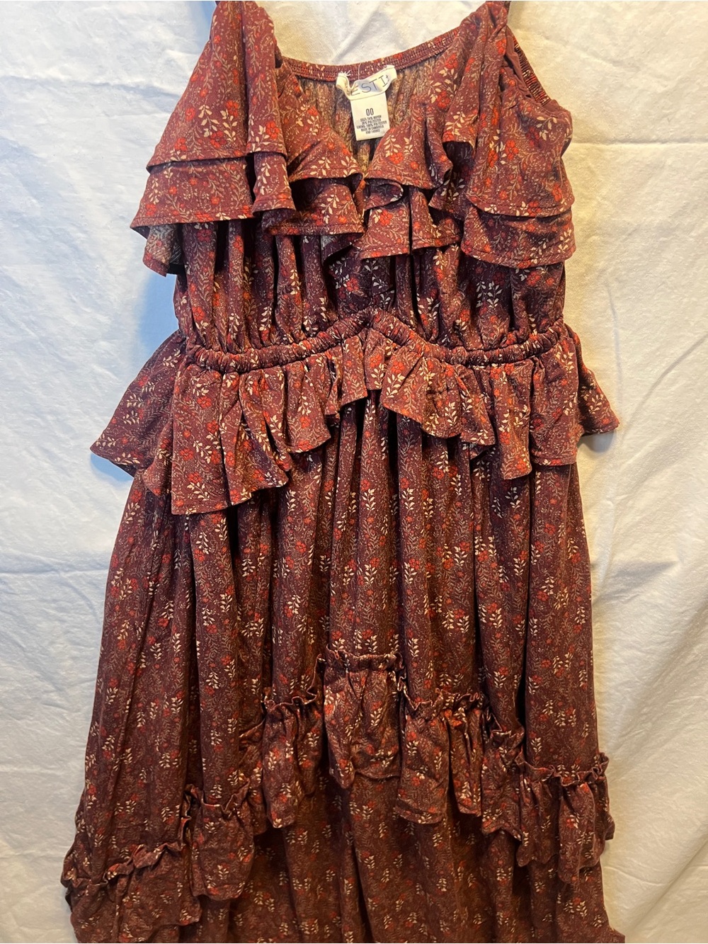 Ruffled Floral Maxi Dress - Burgundy